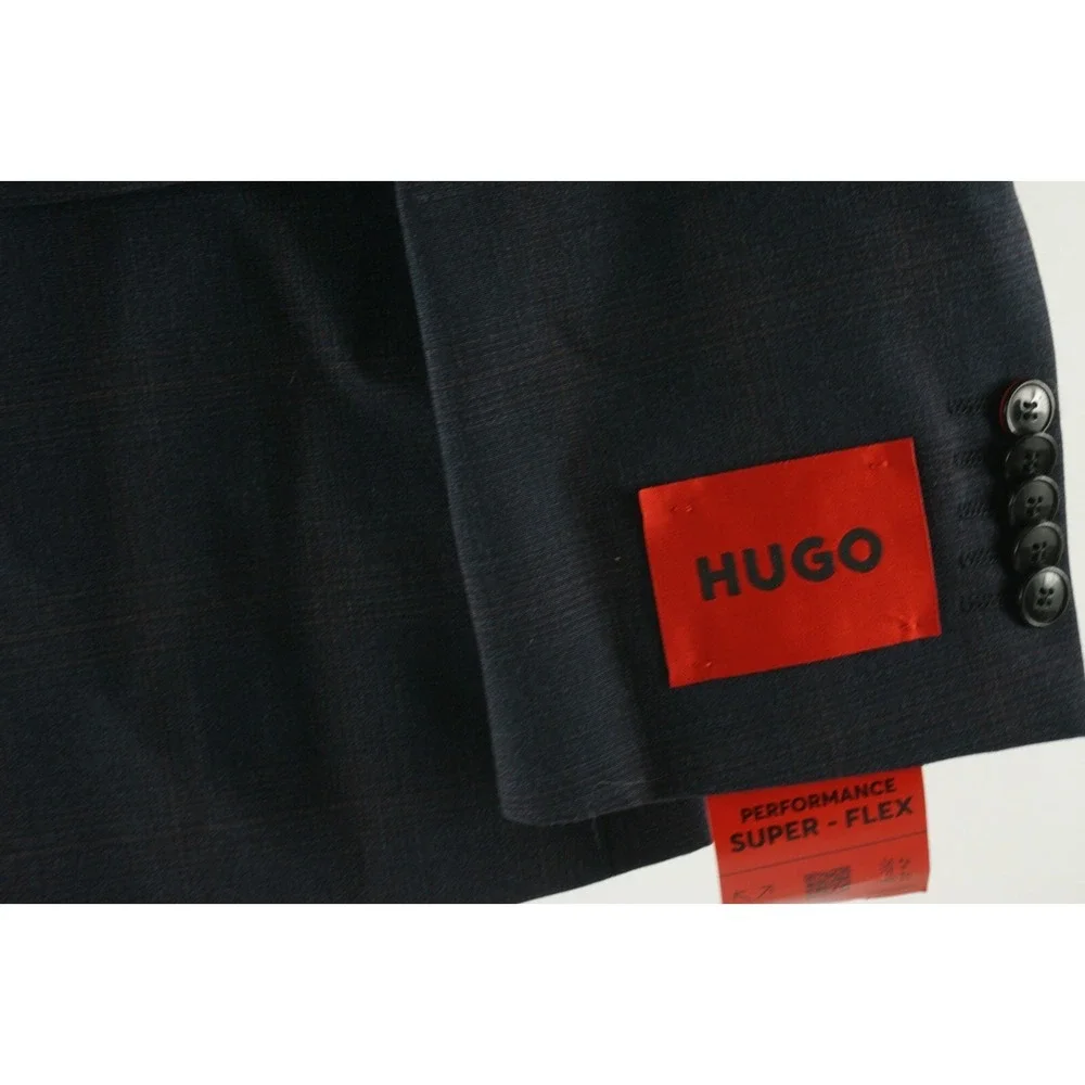 New $495 Hugo Boss Super Flex Transseasonal Mens 38R Dark Blue Plaid Suit Jacket